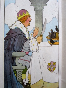 K is for King:  Here, 4 and 20 blackbirds were baked in a pie, when the pie was opened the birds began to sing, wasn't that a crazy dish to set before the king?  